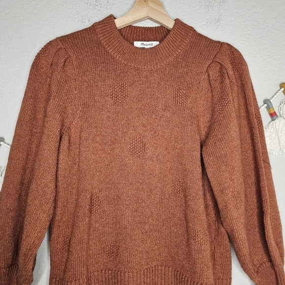 Madewell Dotted Eaton Puff Sleeve Cotton Merino Wool Yarn Sweater Redwood Boho S - Picture 5 of 11